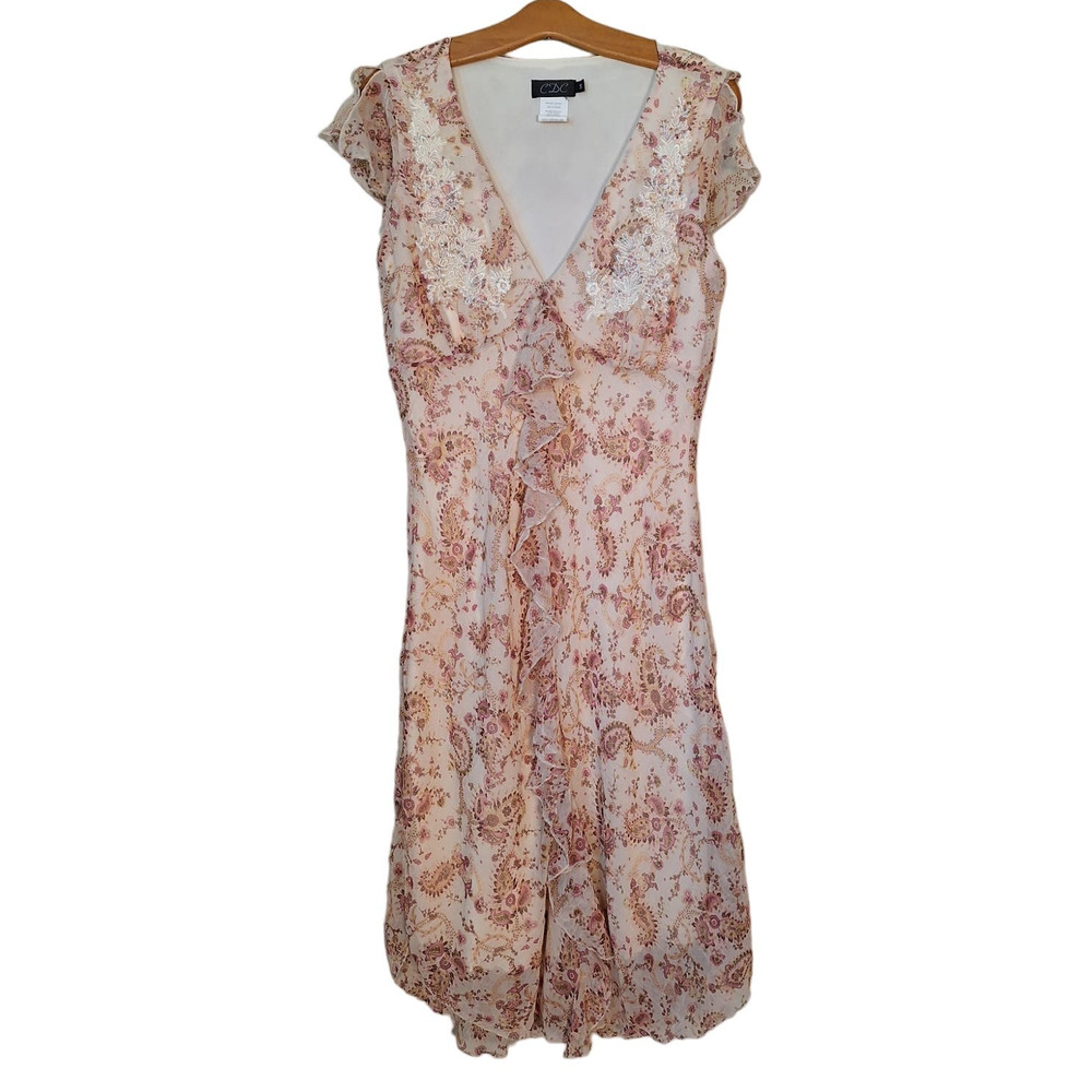 90s/Y2K Vintage Cream Pink Paisley Sheer Layer Midi Dress Women Size Large